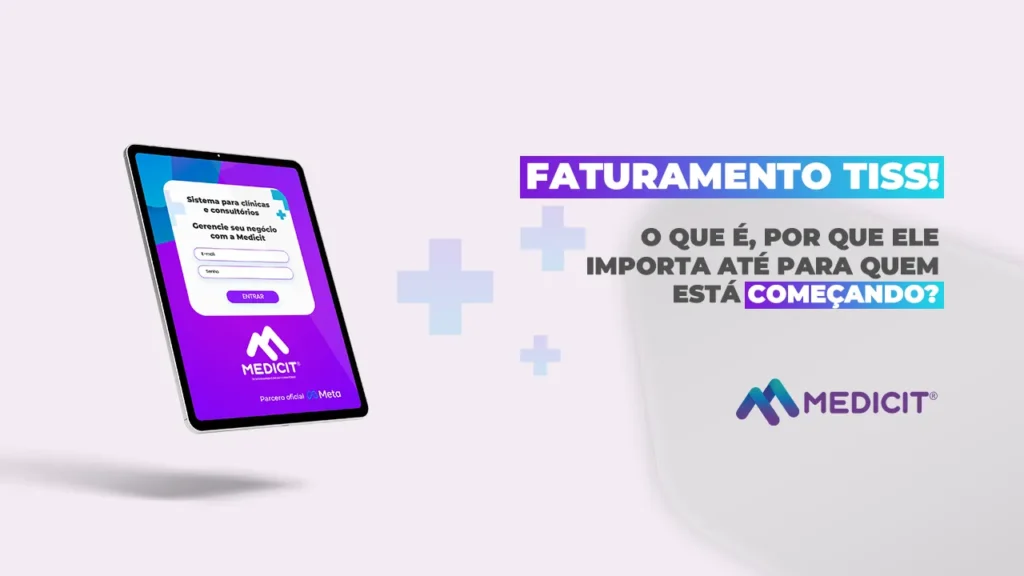 Tablet com a tela de acesso do Medicit, sistema com faturamento TISS