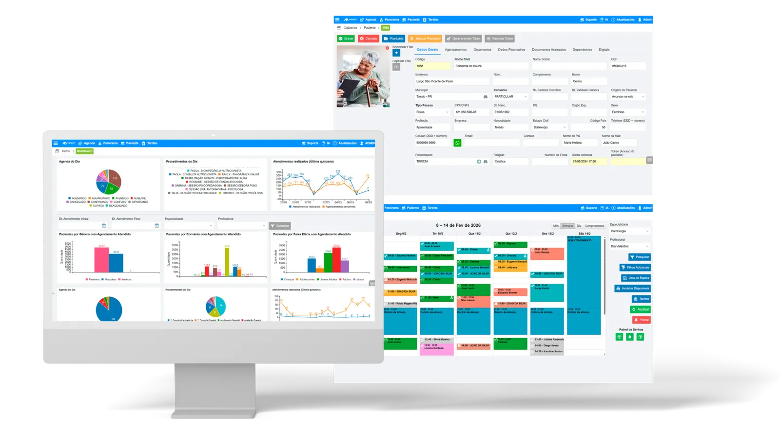 Sistema Medicit em computador com dashboard de atendimentos, cadastro de paciente e agenda semanal da clínica