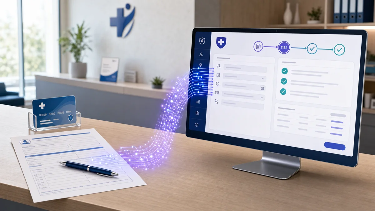 Ficha de recepção conectada à tela de envio de guias TISS, simbolizando dados integrados
