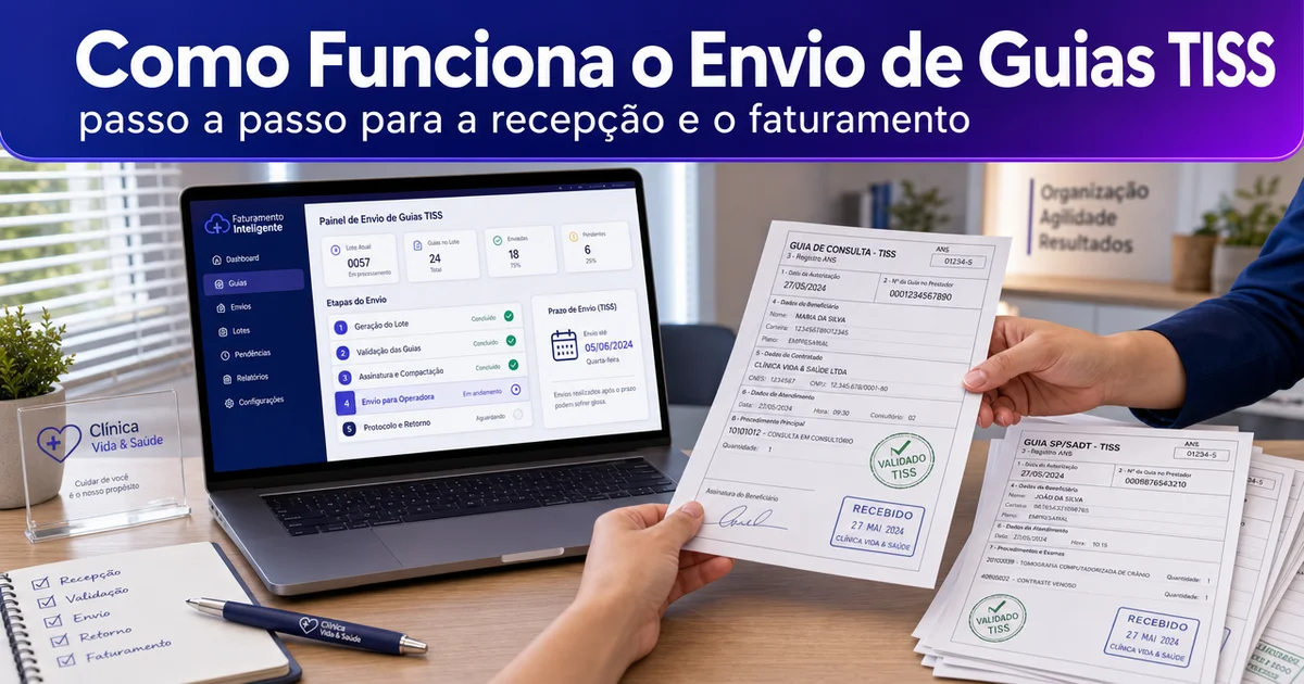 Capa sobre envio de guias TISS: documentos de faturamento e dashboard de recepção de clínica