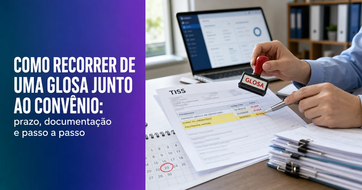 Profissional organiza documentos para recurso de glosa junto ao convênio na clínica