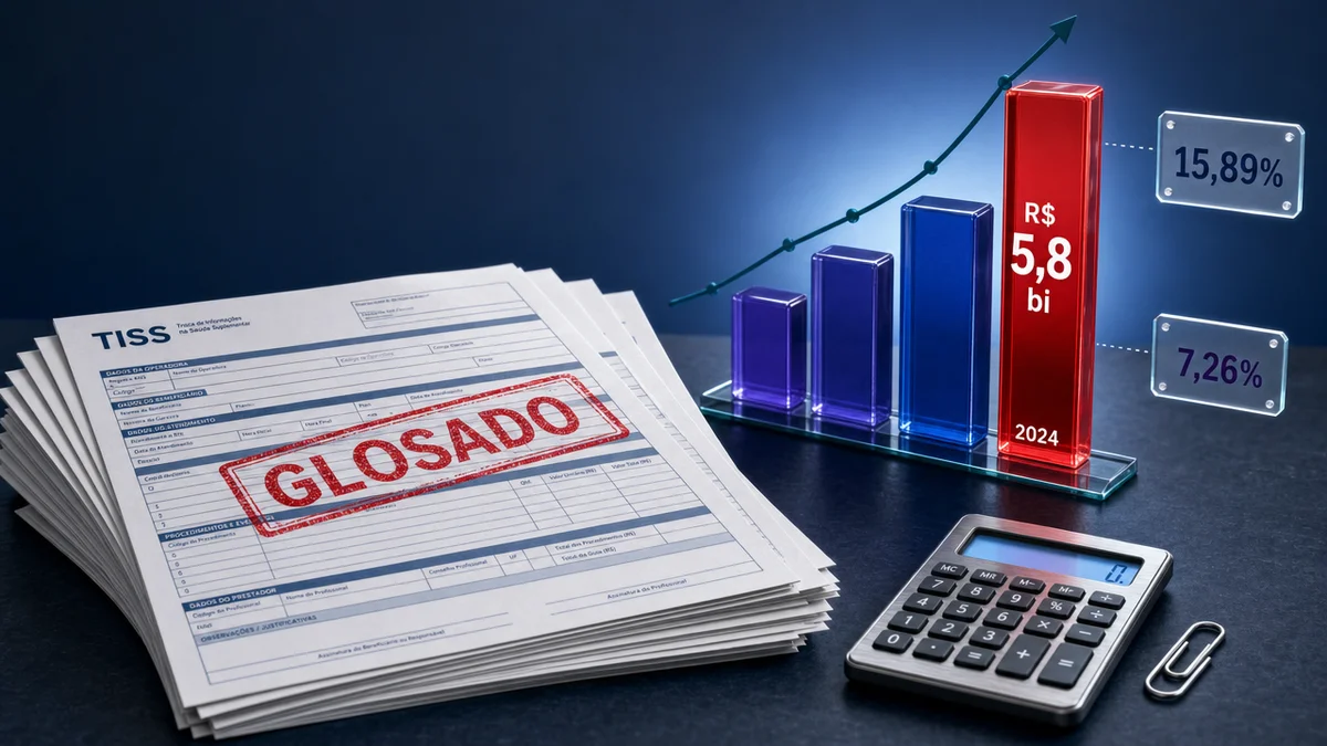Gráfico com guias negadas mostra que a glosa gerou R$ 5,8 bi de prejuízo em 2024, 15,89% do faturamento