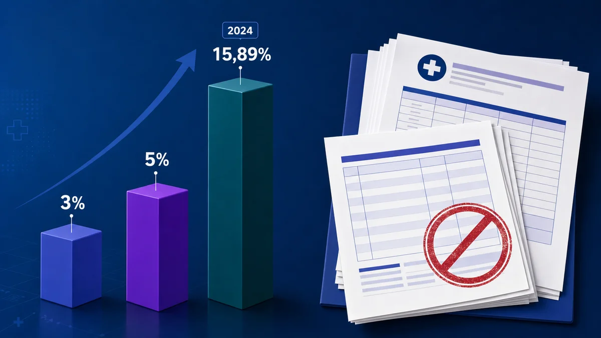 Gráfico mostra tipos de glosa disparando de 3-5% para 15,89% em 2024