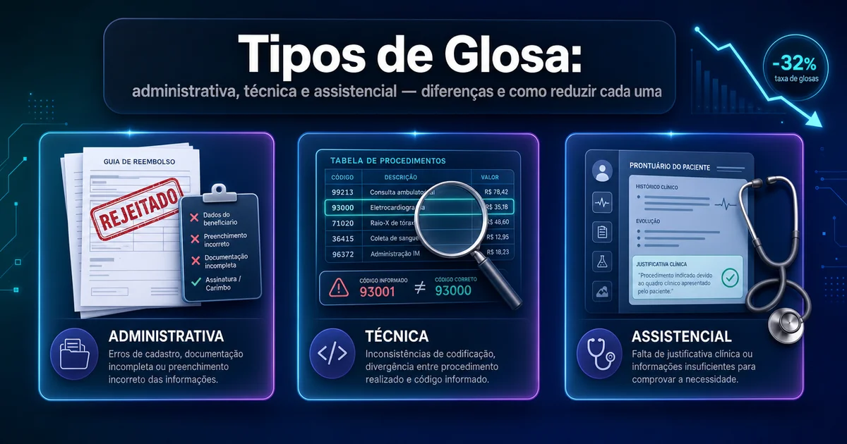 Infográfico comparando os tipos de glosa administrativa, técnica e assistencial no faturamento TISS