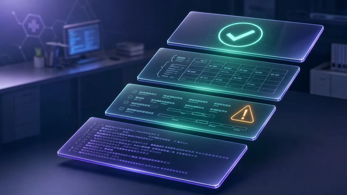 Camadas de validação de um arquivo XML TISS representadas como painéis translúcidos sobrepostos