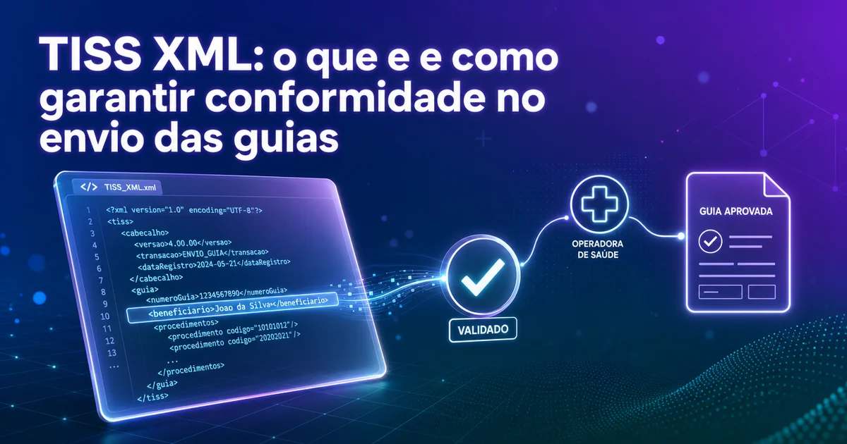 Documento XML TISS sendo validado digitalmente, simbolizando conformidade no envio de guias